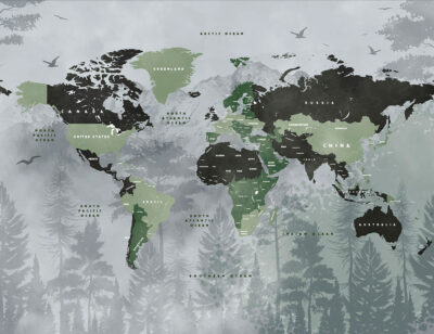 Sage green forest themed world map wall mural