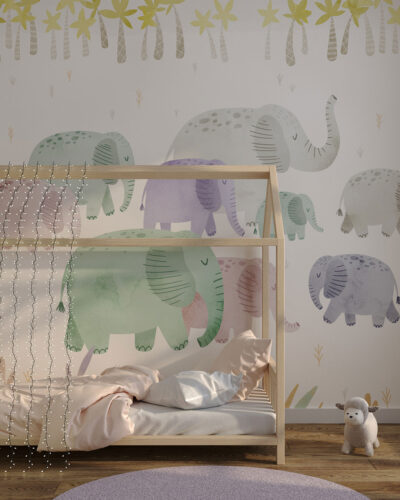 Tender watercolor elephants and palm trees wall mural for a children's room