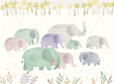 Tender watercolor elephants in the tropics kids wall mural