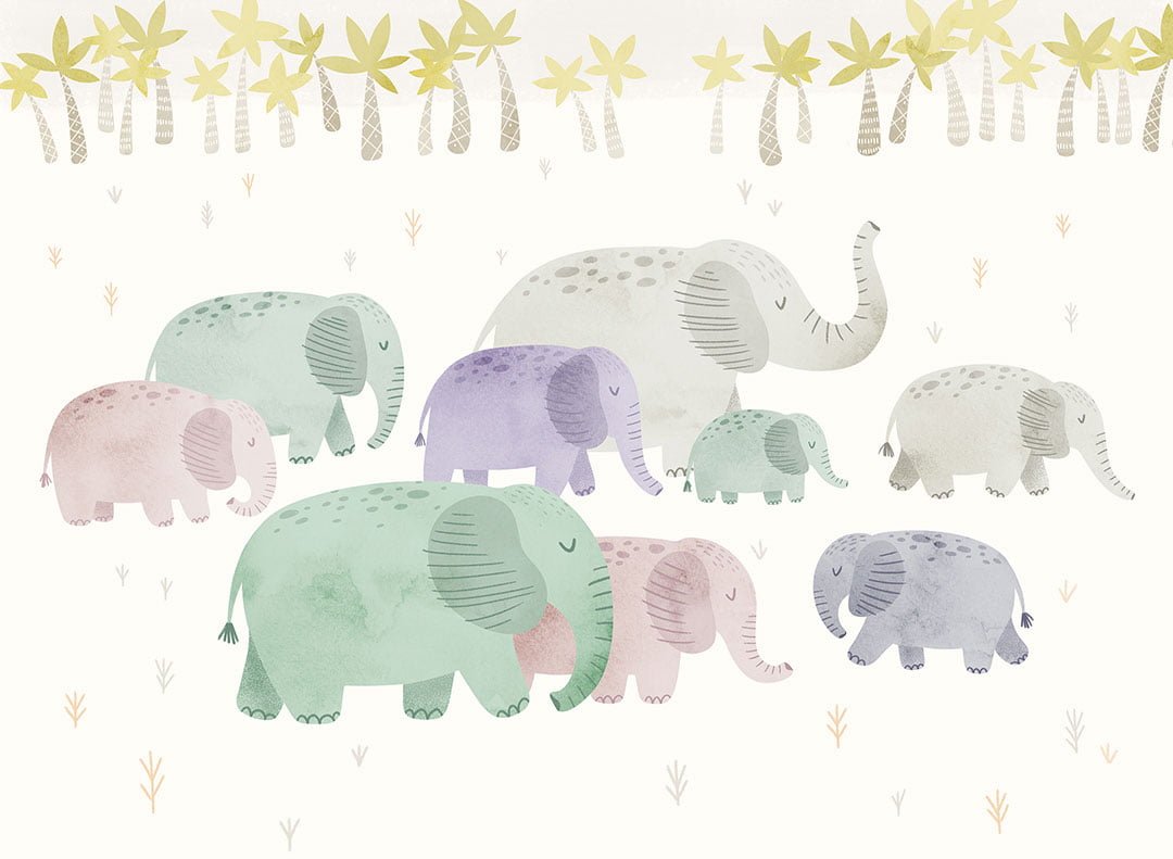Tender watercolor elephants and palm trees kids wall mural