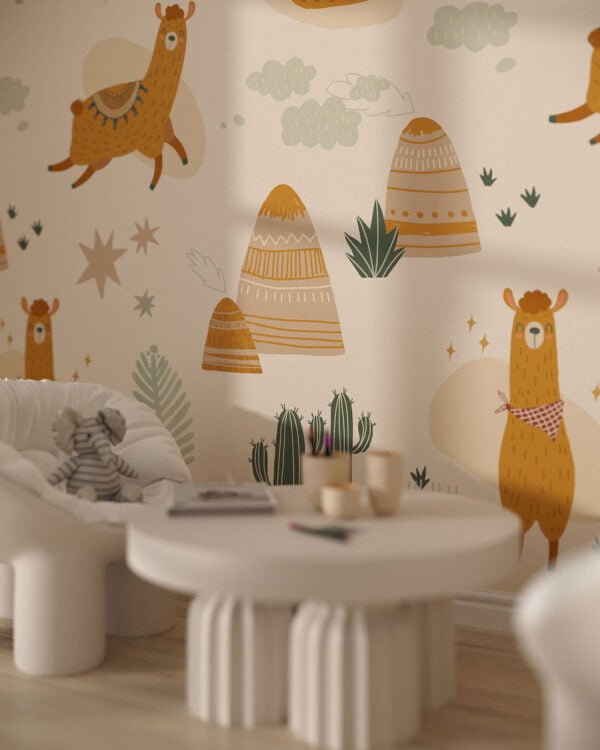 Wallpaper for a children's room with cute llamas, mountains and cactuses