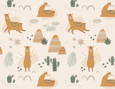 Bright llamas, mountains and cactuses kids wallpaper