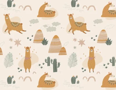 Bright llamas, mountains and cactuses kids wallpaper