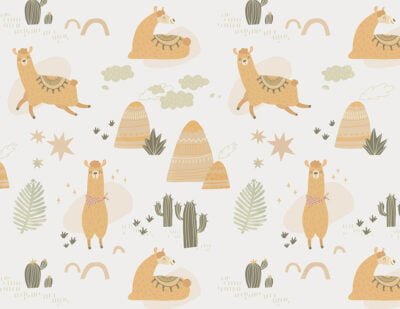 Cute llamas, mountains and cactuses kids wallpaper