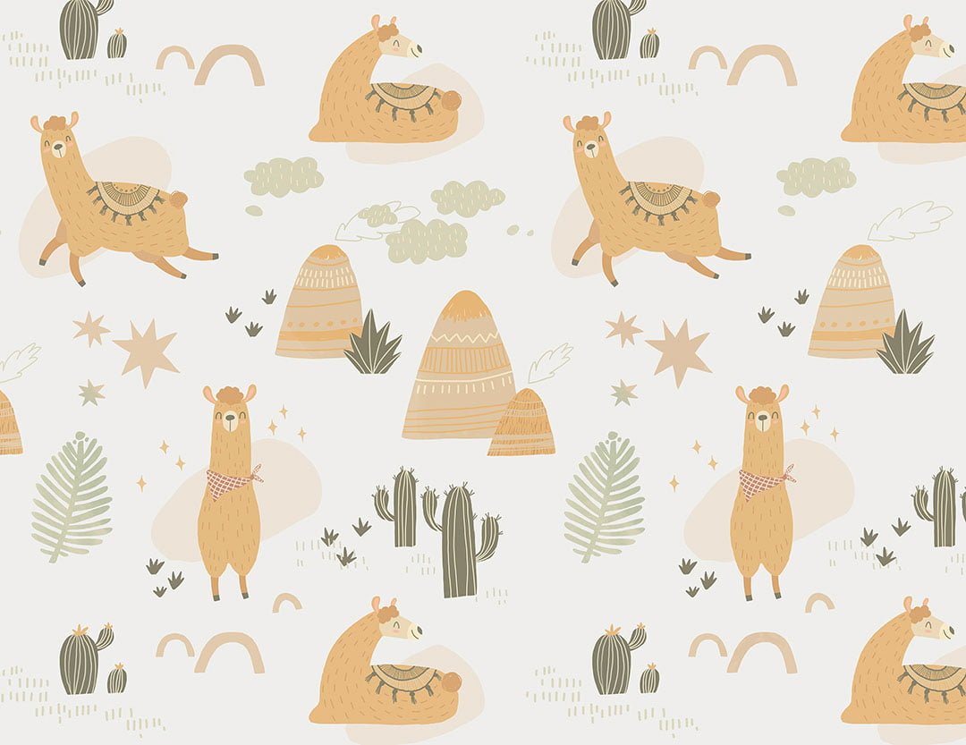 Cute llamas, mountains and cactuses kids wallpaper