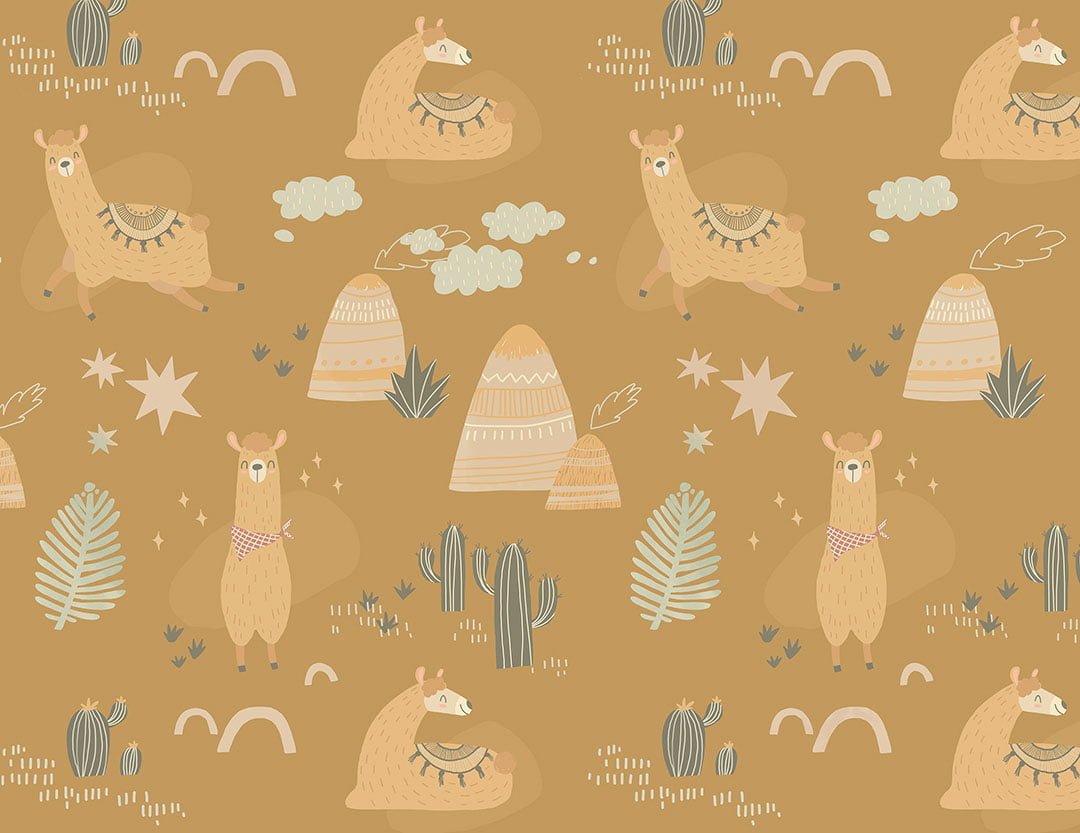 Colorful llamas, mountains and cactuses kids wallpaper