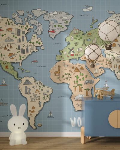 Explorer kids world map wall mural for a children's room