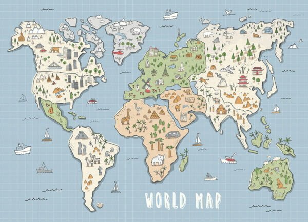 Explorer kids world map wall mural with sights