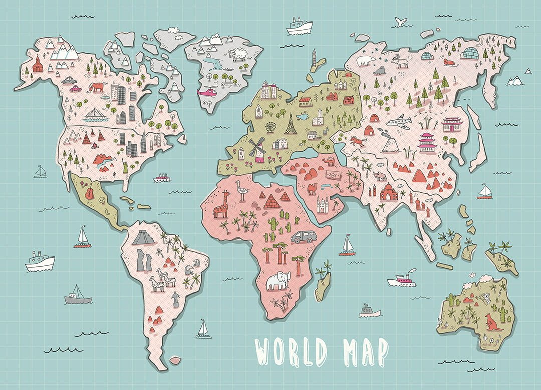 Explorer colorful kids world map wall mural
