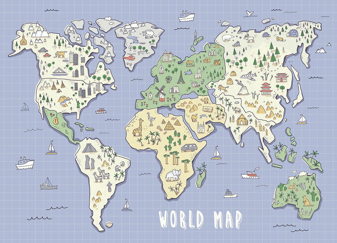 Explorer kids world map with attractions wall mural