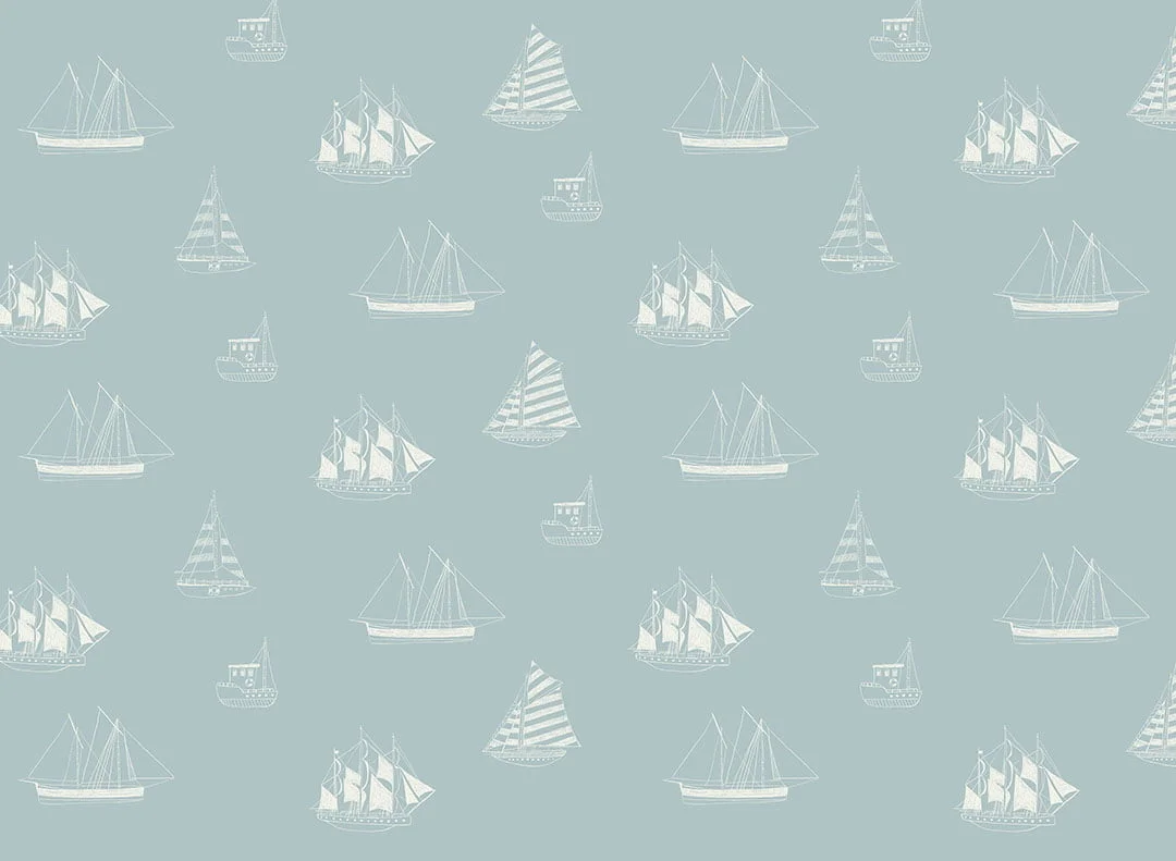 Minimalist yachts and ships blue patterned kids wallpaper