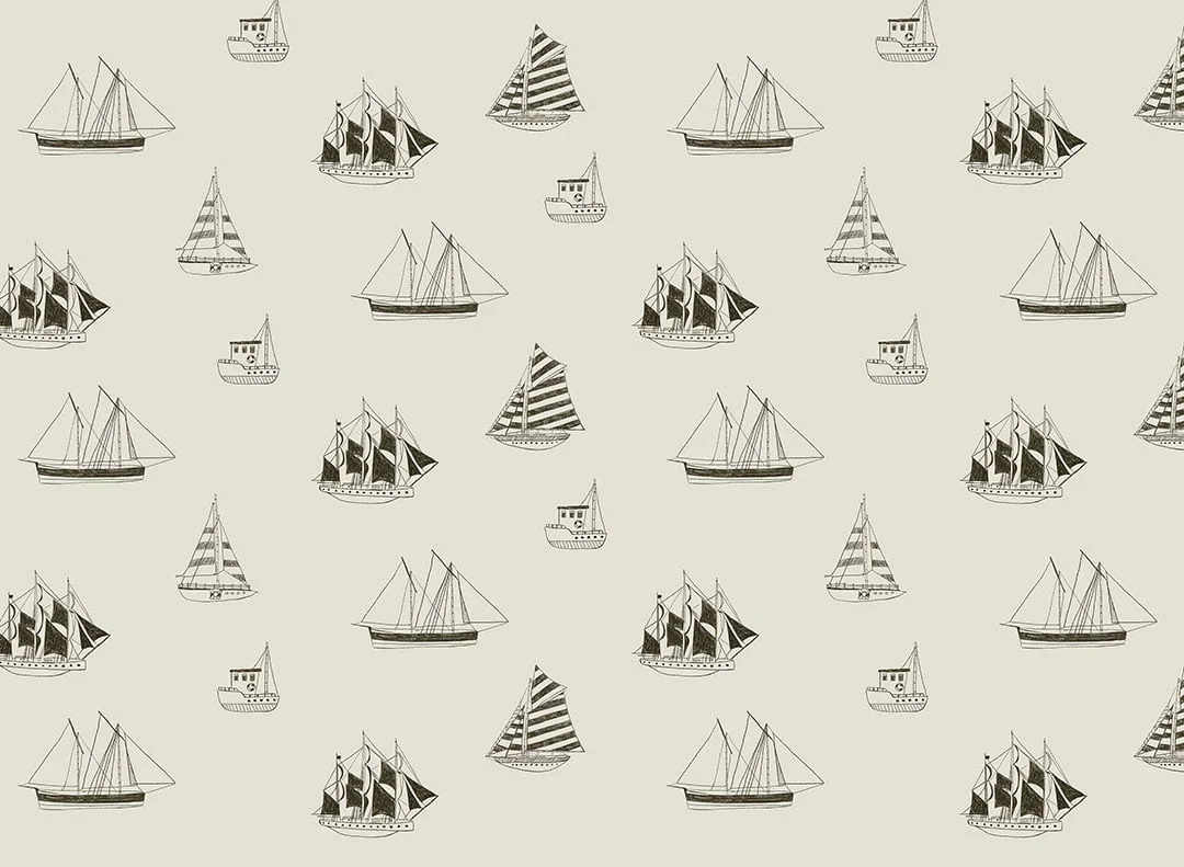 Minimalist black yachts and ships patterned kids wallpaper