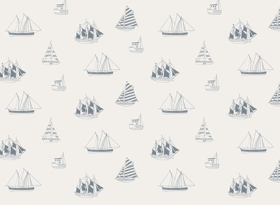 Minimalist gray yachts and ships patterned kids wallpaper