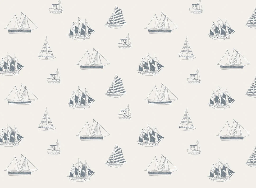 Minimalist gray yachts and ships patterned kids wallpaper