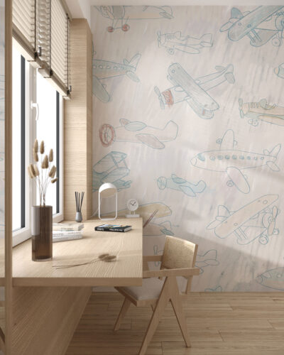 Delicate kids drawings of airplanes wallpaper for a children's room