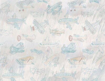 Wallpaper with delicate kids drawings of colorful airplanes