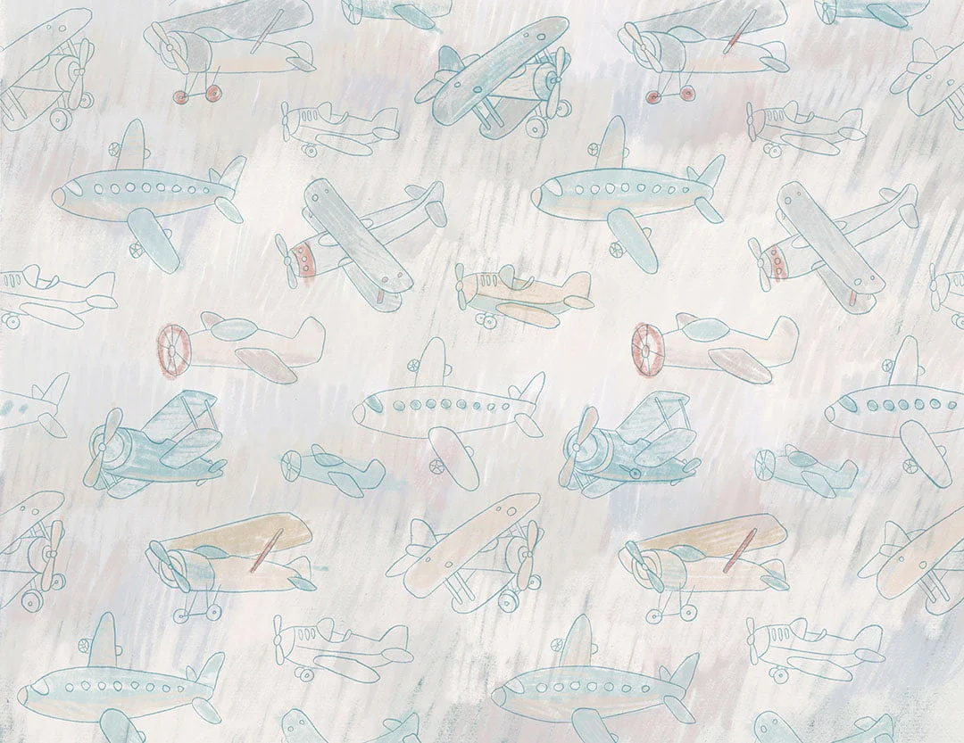 Wallpaper with delicate kids drawings of colorful airplanes
