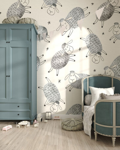 Cartoon styled cute sheep patterned wallpaper for a children's room
