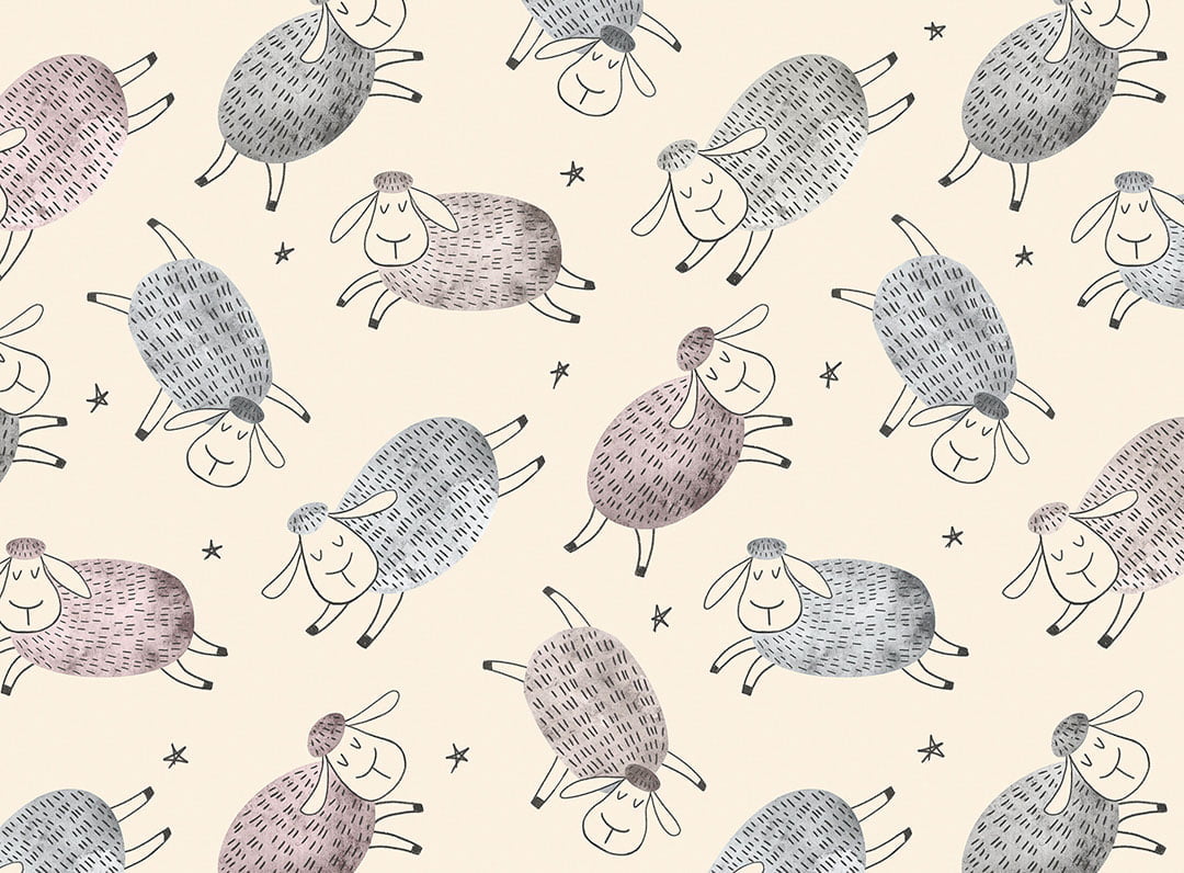 Kids wallpaper with pattern of cartoon styled sheep and stars