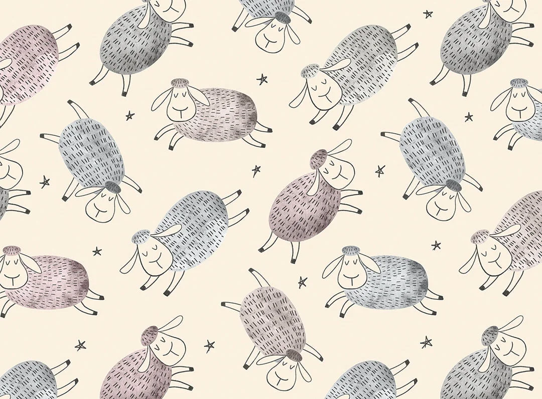 Kids wallpaper with pattern of cartoon styled sheep and stars