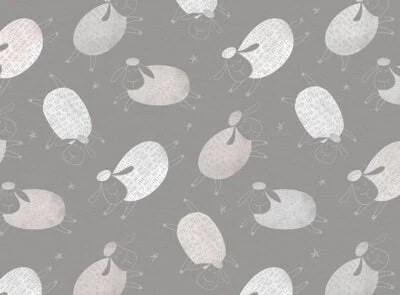 Cartoon styled silver sheep and stars patterned kids wallpaper