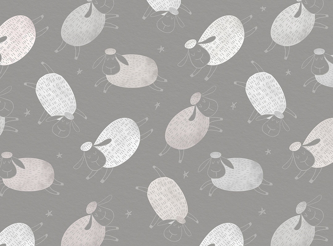 Cartoon styled silver sheep and stars patterned kids wallpaper