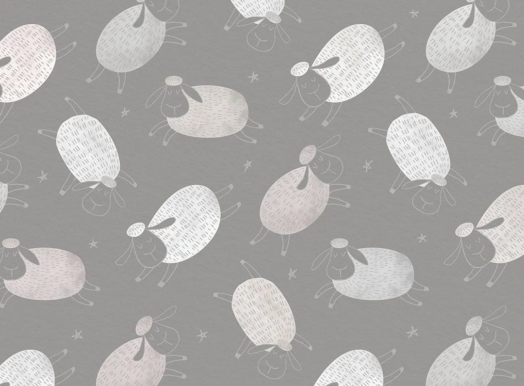 Cartoon styled silver sheep and stars patterned kids wallpaper