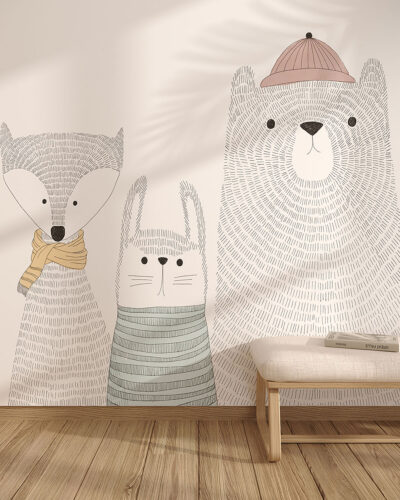 Minimalist hand-drawn animals wall mural for a children's room