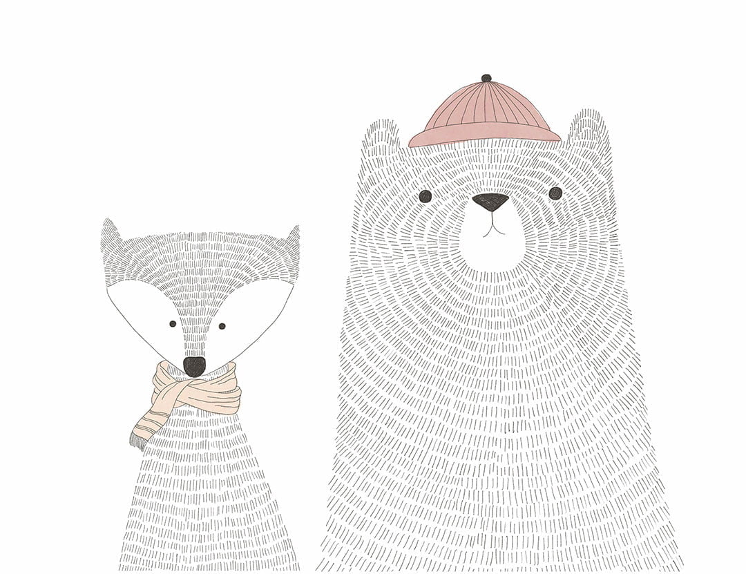 Minimalist hand-drawn bear and fox kids wall mural