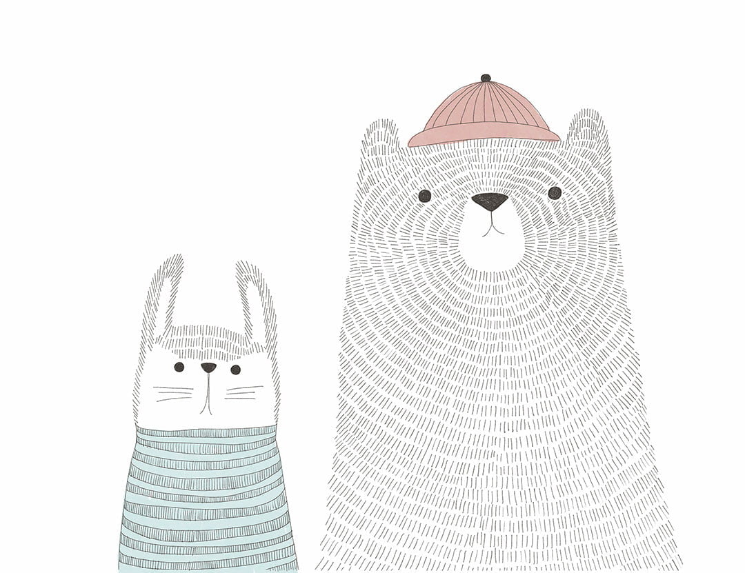 Minimalist hand-drawn bear and hare kids wall mural
