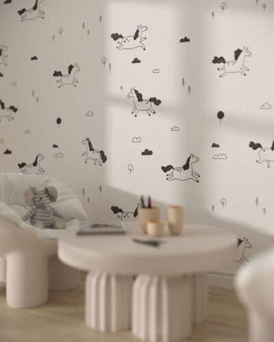 Minimalist black and white pony patterned wallpaper for a children's room