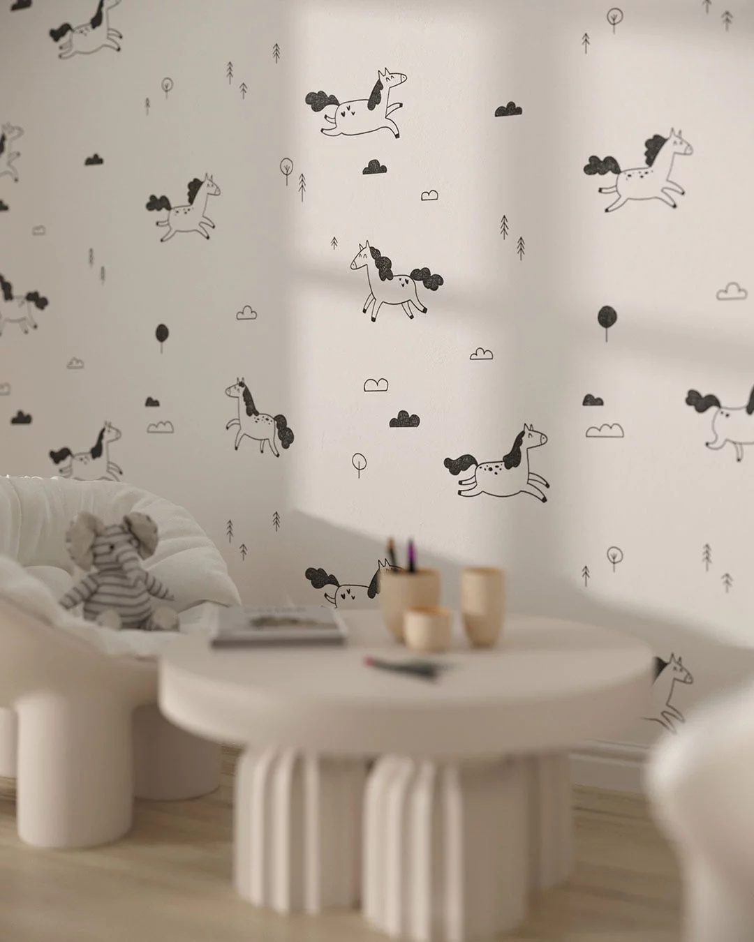 Wall Mural Poney for a children's room - kith2kin.com Minimalist black and white pony patterned wallpaper for a children's room