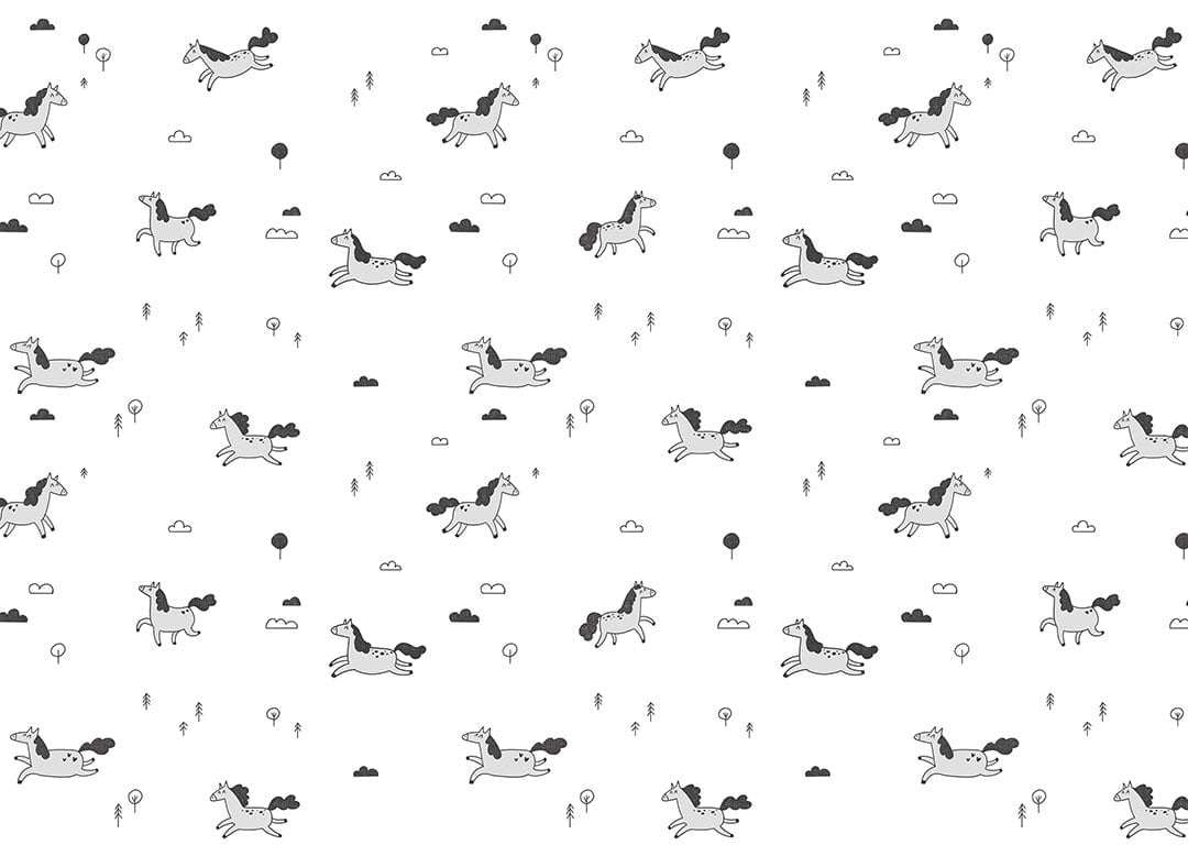 Minimalist kids wallpaper with pattern of a gray pony