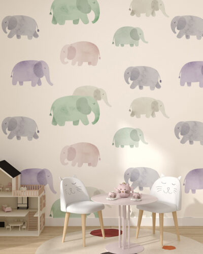 Delicate watercolor elephants wallpaper for a children's room