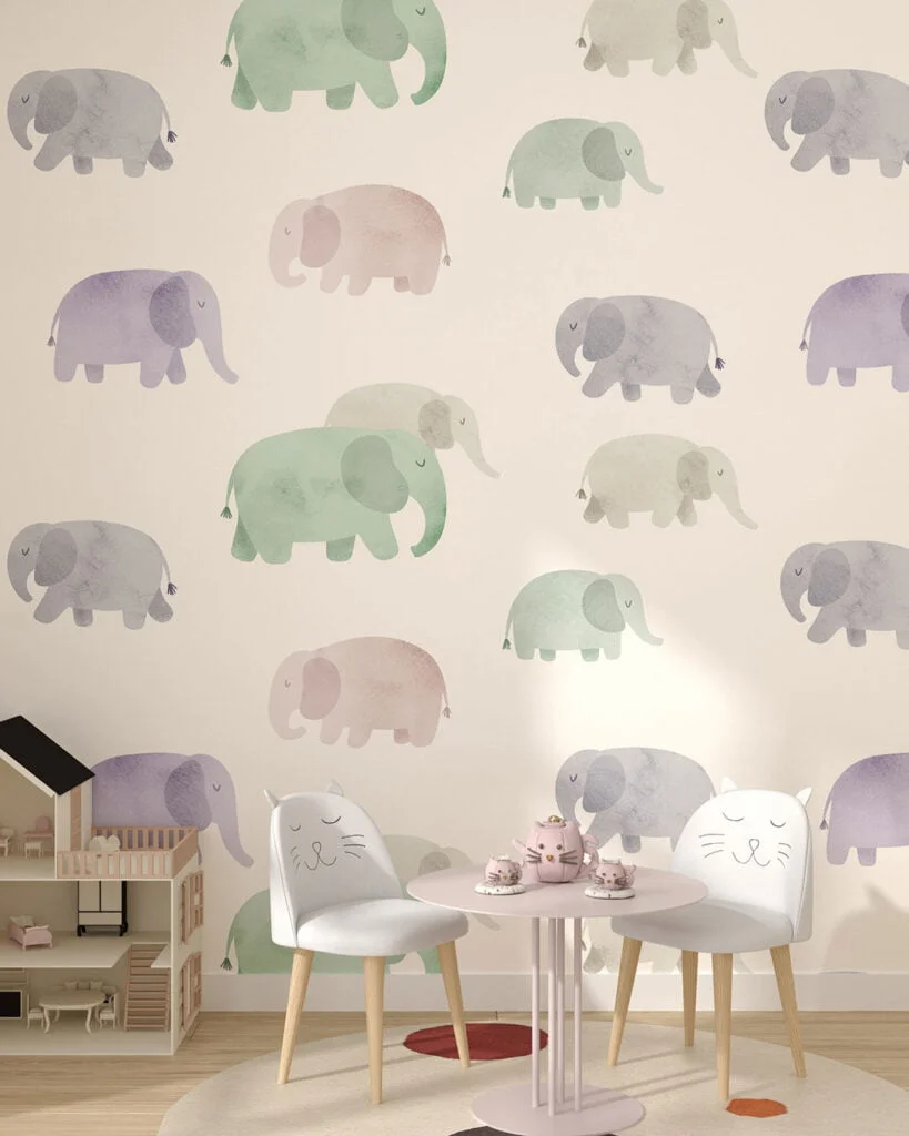 Wall Mural Promenade for a children's room - kith2kin.com Delicate watercolor elephants wallpaper for a children's room