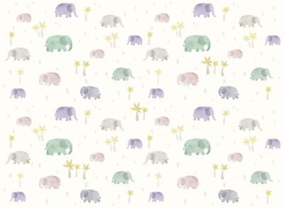 Kids wallpaper with delicate little watercolor elephants in the jungle