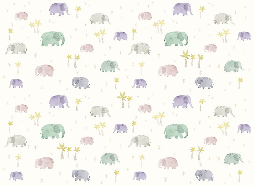 Kids wallpaper with delicate little watercolor elephants in the jungle
