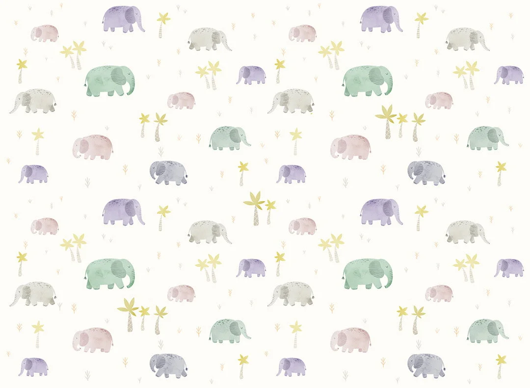 Kids wallpaper with delicate little watercolor elephants in the jungle