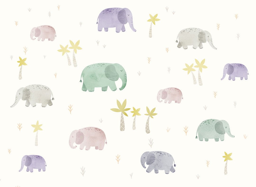 Delicate watercolor elephants in the jungle kids wallpaper