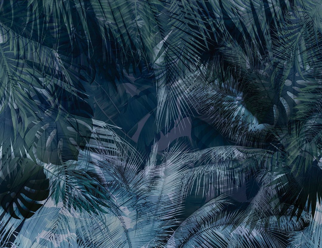 Dark blue tropical leaves wall mural