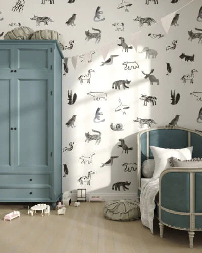 Watercolor abstract animals patterned wallpaper for a children's room