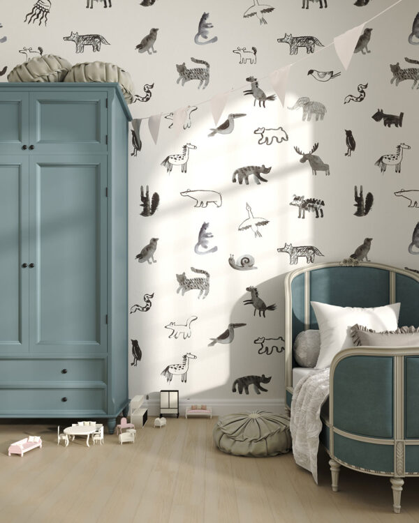 Watercolor abstract animals patterned wallpaper for a children's room