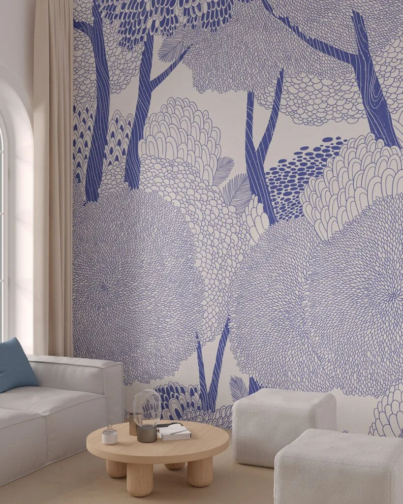 Wall Mural Sequoia for the living room - kith2kin.com Blue graphic forest wall mural for the living room