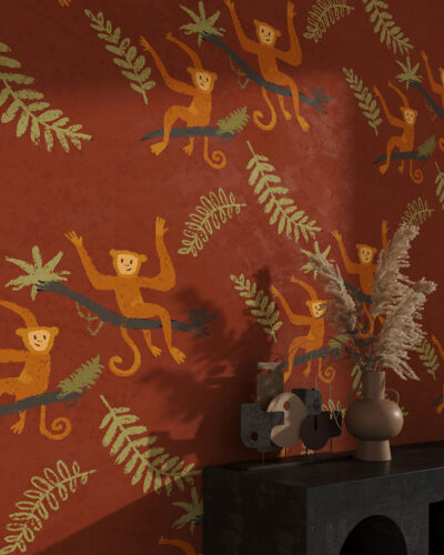 Hand-drawn monkeys and tropical leaves patterned wallpaper for the living room
