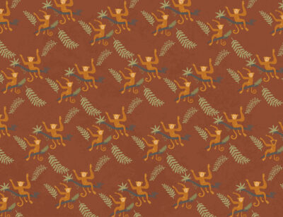 Hand-drawn monkeys and tropical leaves patterned wallpaper on the brown background