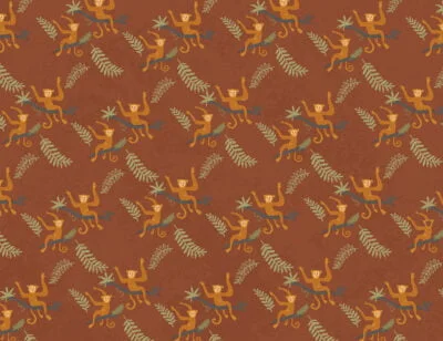 Hand-drawn monkeys and tropical leaves patterned wallpaper on the brown background