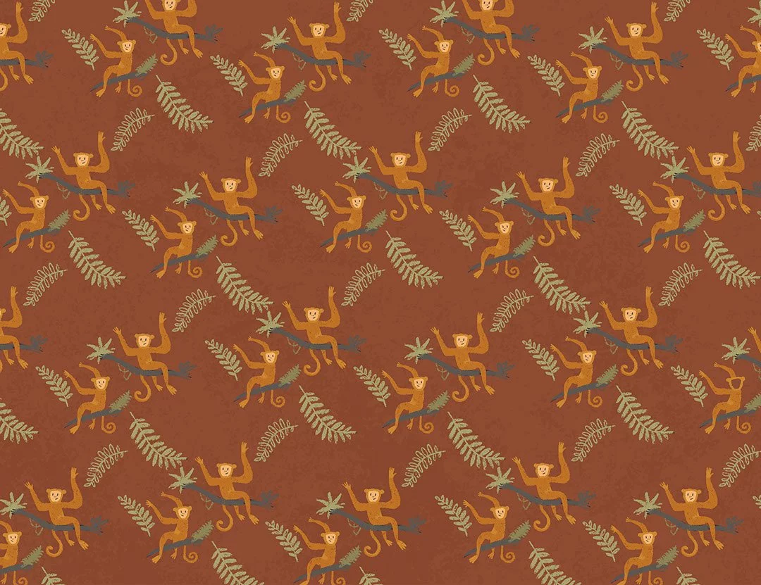 Hand-drawn monkeys and tropical leaves patterned wallpaper on the brown background
