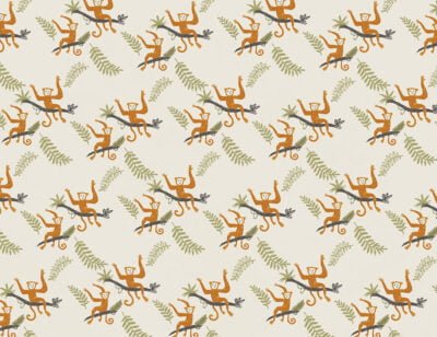 Hand-drawn monkeys and green tropical leaves patterned wallpaper