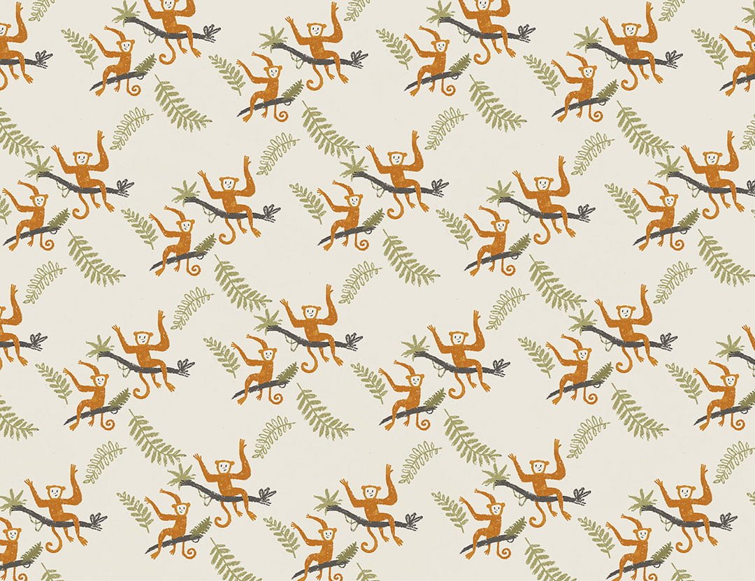 Hand-drawn monkeys and green tropical leaves patterned wallpaper