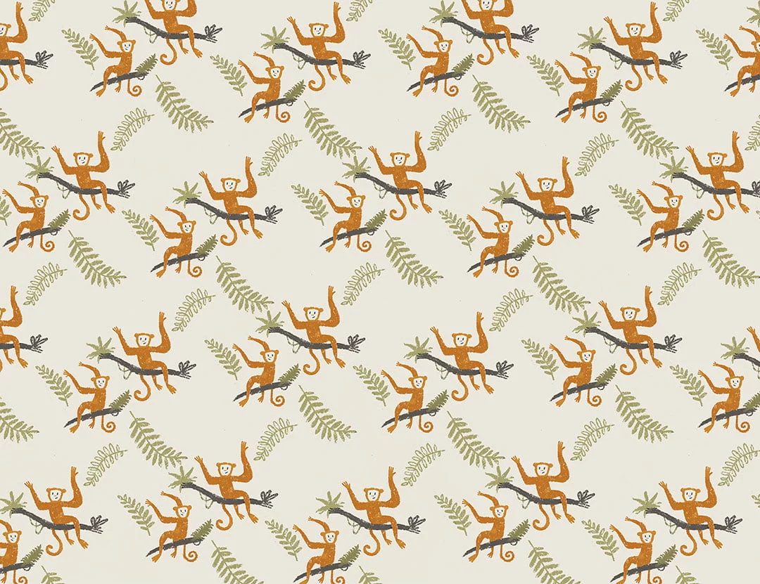 Hand-drawn monkeys and green tropical leaves patterned wallpaper
